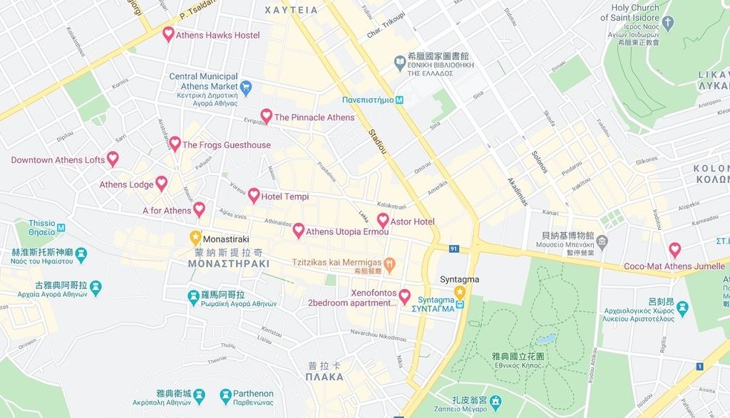 雅典住宿地圖