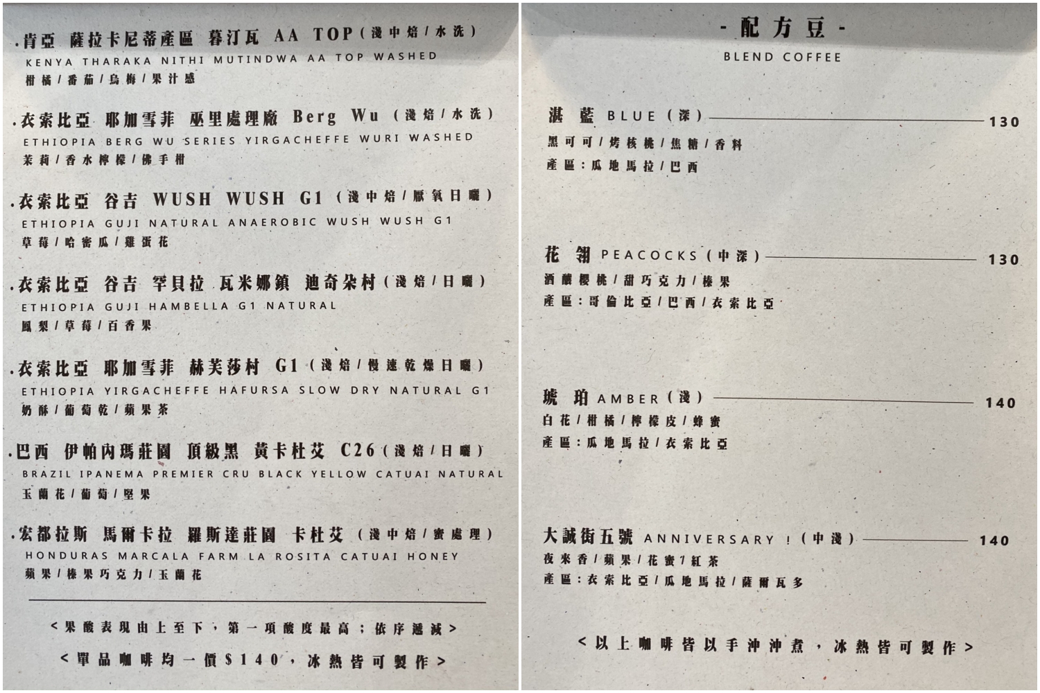 孔雀咖啡 菜單