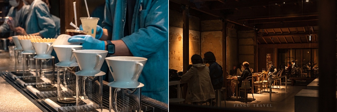 Blue Bottle Coffee Kyoto日夜有著不同風貌，晚上燈光昏黃更顯靜謐。不變的是店員不分時段用心製作每一杯咖啡。