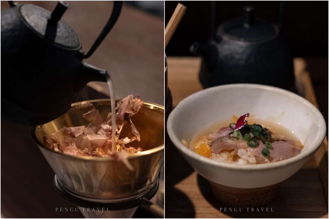 Gion Duck Rice實驗般的吃飯過程文青味滿滿，自製柴魚高湯從漏斗緩緩滴入量杯，做成湯泡飯又是不同滋味。