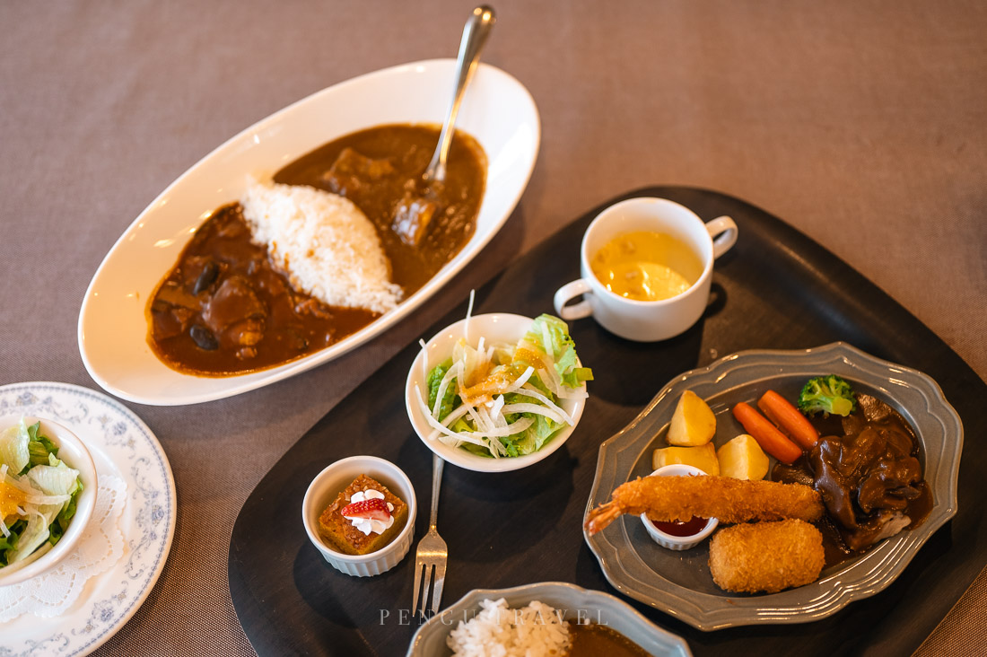 五島軒經典菜色：分量十足的雙拼咖哩，與豐盛的明治浪漫洋食。